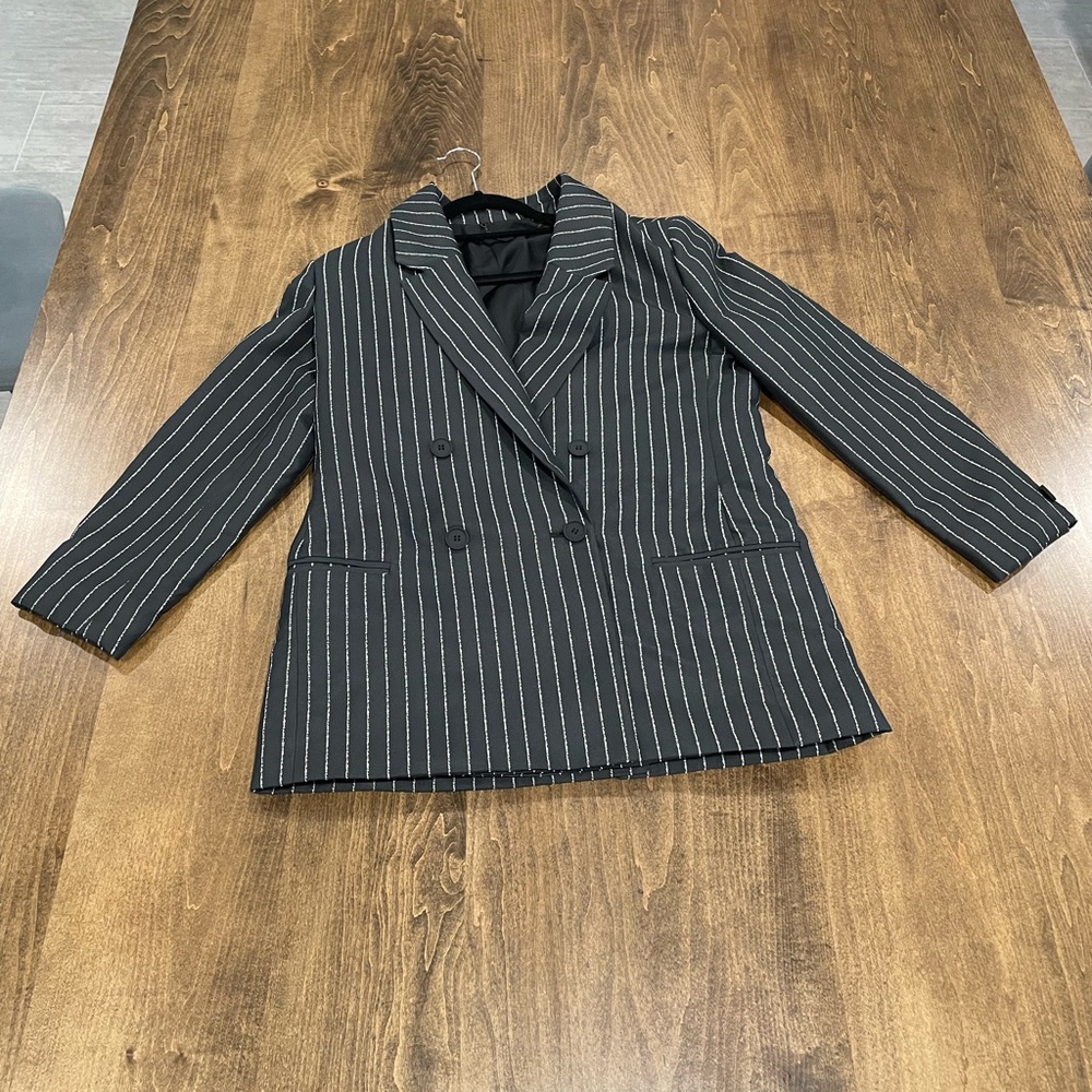 AllSaints Black Pinstripe Double Breasted Blazer
